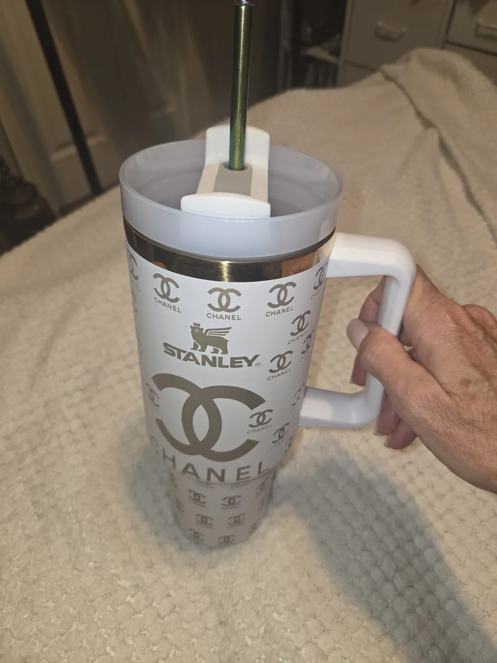 Stanley White and Gold Tumbler Mug